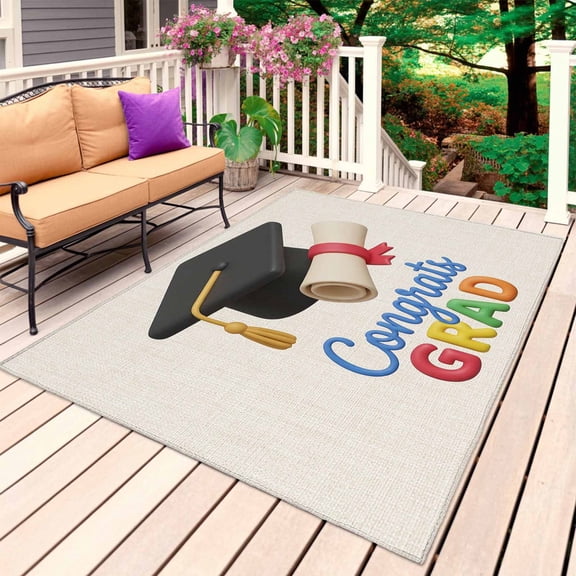 Graduation Outdoor Rug 5x8 Ft, Non Slip Washable Area Rug, Grad Cartoon School on Linen Patio Rugs Carpet Runner, Large Floor Mat for Indoor/Outdoor Deck Porch Camping