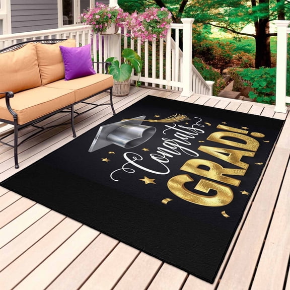 Graduation Outdoor Rug 5x8 Ft, Non Slip Washable Area Rug, School Grad Gold Stars Black Patio Rugs Carpet Runner, Large Floor Mat for Indoor/Outdoor Deck Porch Camping