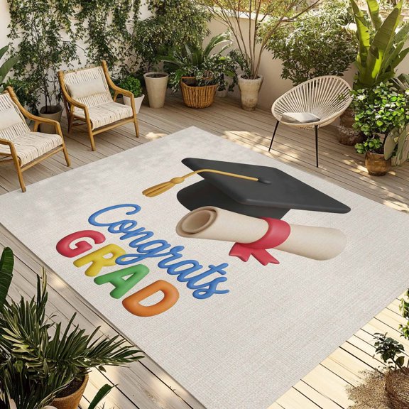 Graduation Outdoor Rug for Patio/Deck/Porch, Non-Slip Large Area Rug 3 x 5 Ft, Grad Cartoon School on Linen Indoor Outdoor Rugs Washable Area Rugs, Reversible Camping Rug Carpet Runner