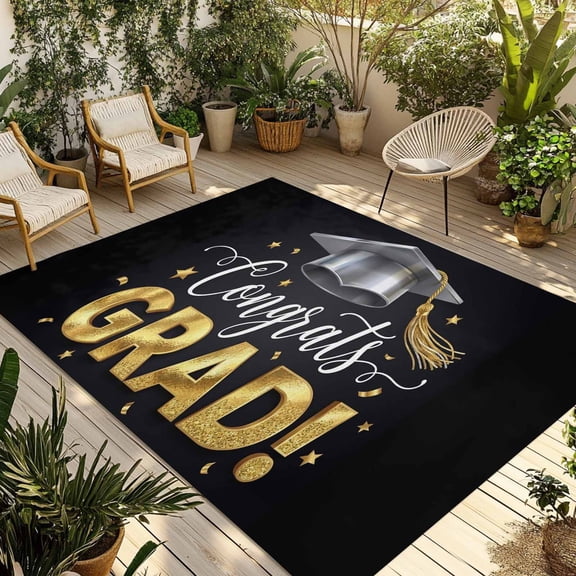 Graduation Outdoor Rug for Patio/Deck/Porch, Non-Slip Large Area Rug 3 x 5 Ft, School Grad Gold Stars Black Indoor Outdoor Rugs Washable Area Rugs, Reversible Camping Rug Carpet Runner