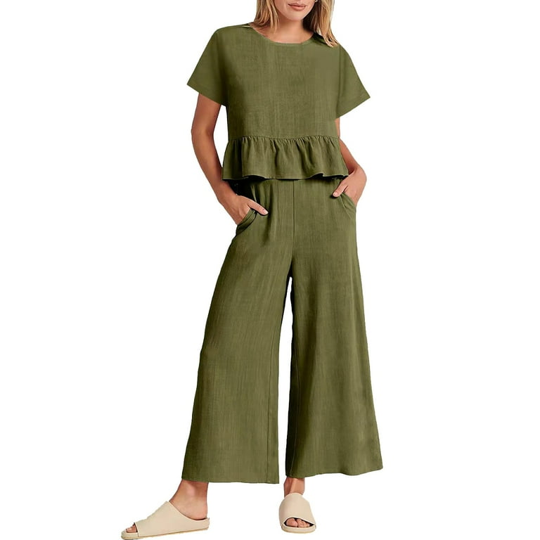 Graduation Outfits for Juniors 2 Piece Outfits For Women 2024 Summer Short Sleeve Crop Tops Wide Leg Pants Set