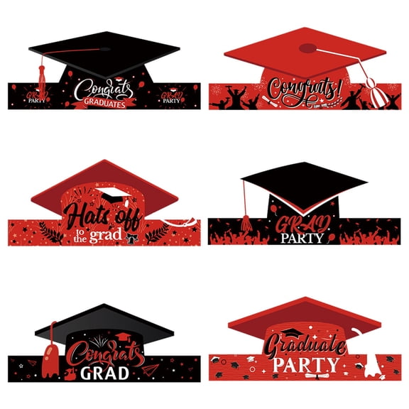 Graduation Paper Cap Decoration, 6 Pack Foldable Black and Red Handmade Headband, Lightweight Party Prop for Venue Layout, Grad Event Dress Up