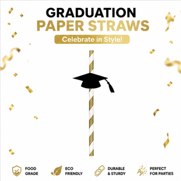 Graduation Paper Straws Pack Cap Design Disposable Drinking Straws Party Celebration Eco Friendly Paper Straw School Event Graduation Drink Decoration Cup Accessory Table Supplies