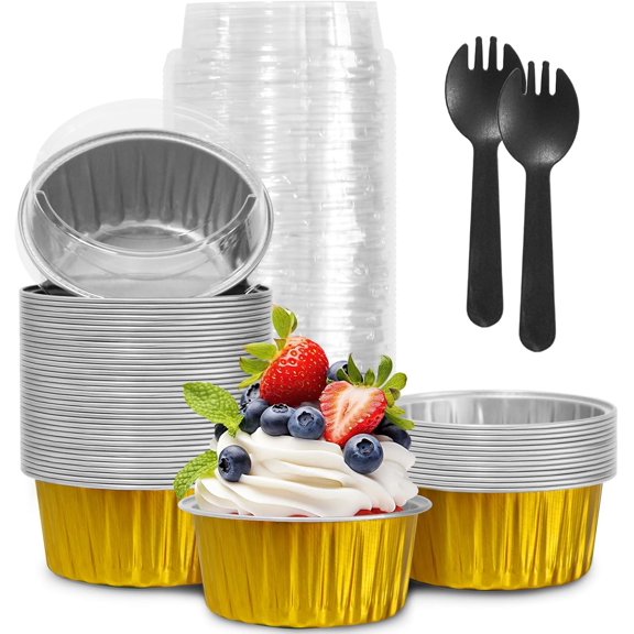 Graduation Party 50Pcs Mini Aluminum Foil Cupcake,5oz Baking Cups with Lids,Mini Cake Pans Disposable,Loaf Pans with Lids,Disposable Ramekins,Tin Cups Containers for Cupcake,Pudding,Muffin (Gold)