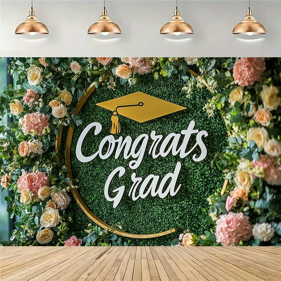 Graduation Party Backdrop Banner - Elegant Green Grass & Floral Design Perfect for Home Decor, Room Decor, Birthdays, Photo Booth Props, Graduation Party Decorations