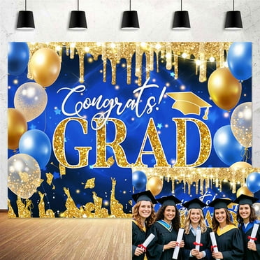 Graduation Party Backdrop Decorations Class of 2025 Blue Gold Congrats Grad Prom Party Photography Backdrops Banner Bachelor Cap Balloon Congratulations Party Background Photo Studio Props,7X5ft