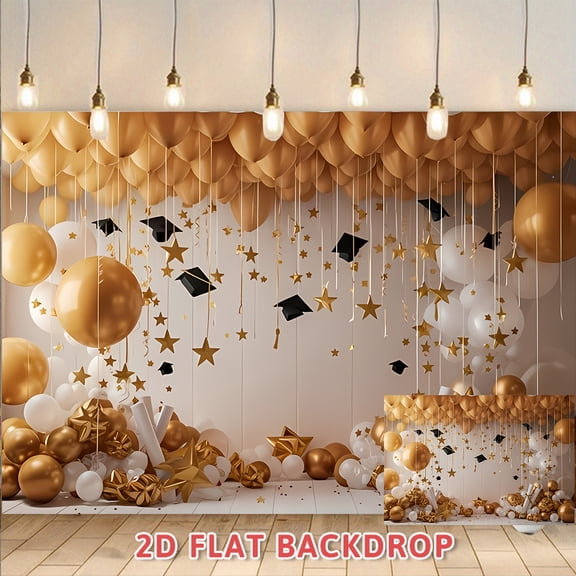 Graduation Party Backdrop Gold and White Polyester Banner Suitable for Graduation Ceremony Photography Decor Indoor Event Celebration Photo Booth Props