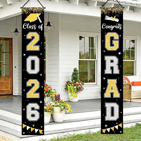 Graduation Party Decor, 2 Pack 71*12in Black 2026 Graduation Porch Banner, Graduation Party Decor, Class Of 2026 Hanging Banner, Congrats Grad Door Sign, for Front Door, Porch.