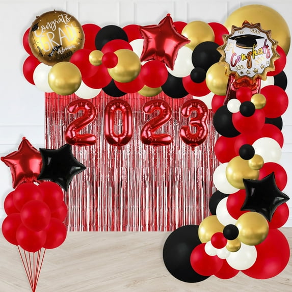 Graduation Party Decoration 2023 Red Black and Gold Balloons Garland Arch Set Star Foil Balloons Congrats Balloon Red Foil Fringe Curtain Graduation Decorations Class of 2023 Grad Party Supplies