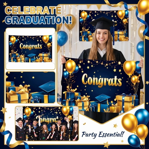 Graduation Party Decoration Flag Congrats Graduation Banner Blue Background Gold Stars Birthday Celebration Photo Backdrop for Graduates School Event Classroom Decor 1pc