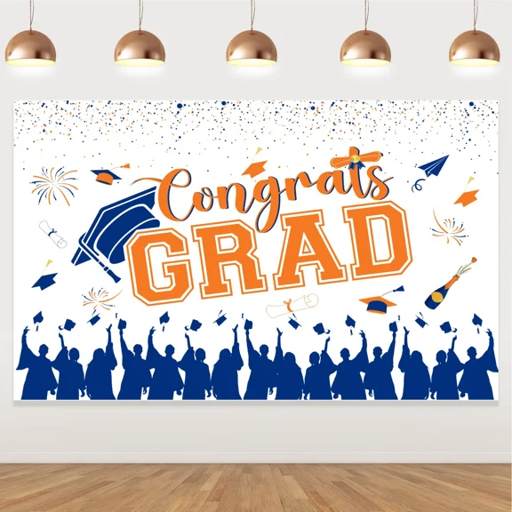 Graduation Party Decoration, Orange and Blue Congrats Grad Backdrop, 4.9*3.2Feet, Party Supplies