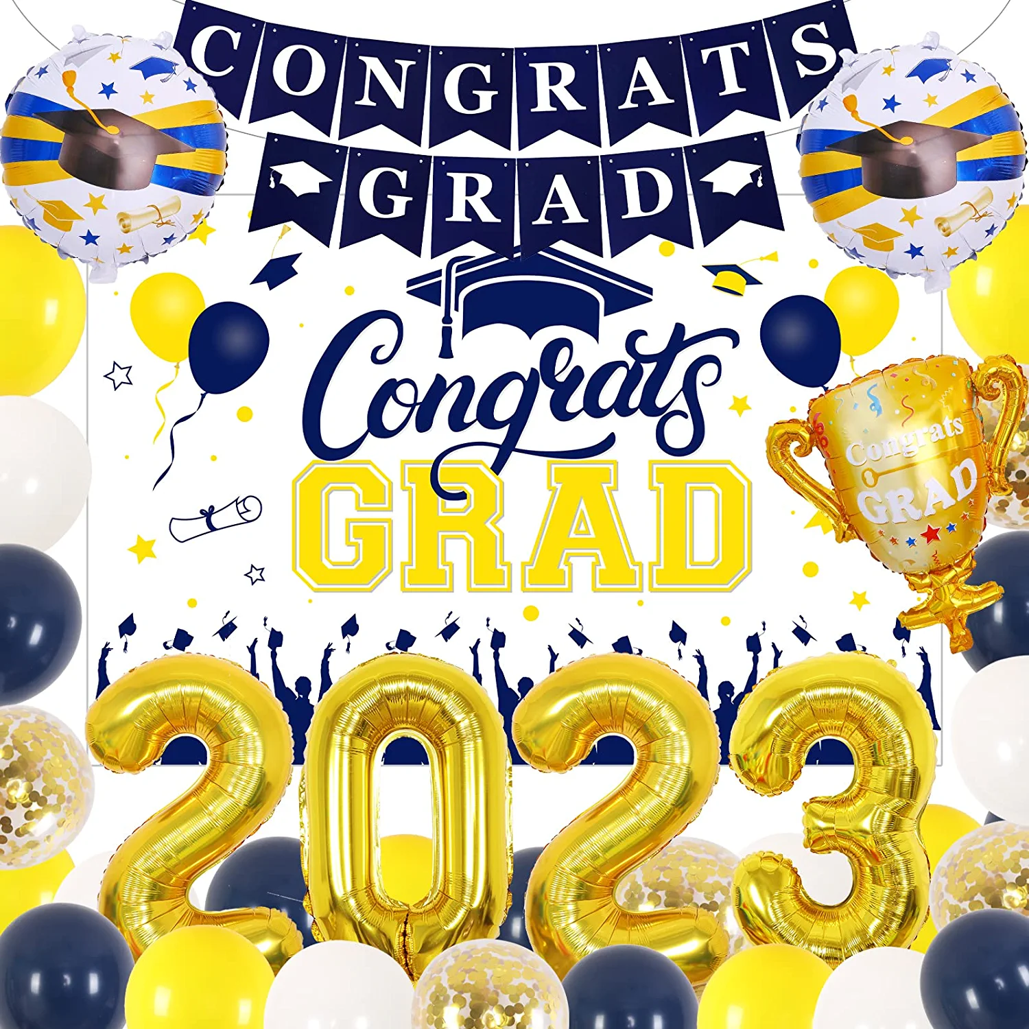 145pcs Royal Blue and Gold Balloons, Graduation Decorations Class of 2023 Navy B