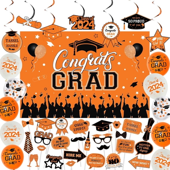 Graduation Party Decorations 2024 Orange and Black, Congrats Grad Backdrop, Graduation Hanging Swirls, Class of 2024 Decor for University College Senior Graduation Party Supplies