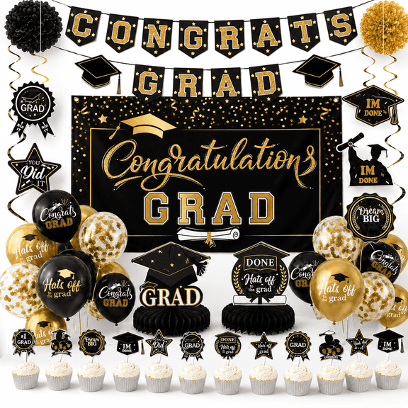 Graduation Decorations 2026 -Congrats Grad Banner Backdrop Flag,Hanging Swirl Balloons & Honeycomb Kit-Graduation Party Supplies for  Class of 2026 High School & College Celebrations (Black)