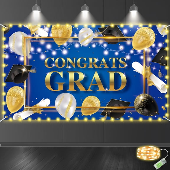 Graduation Party Decorations Banner with LED Light, 79" x 45" Congrats Grad Fabric Backdrop, Congratulation Graduation Party Supplies for Photography