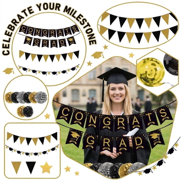 Graduation Party Decorations, BlackandGold Graduation Decorations, Congrats Grad Banner, Tissue Paper Pom Poms, Ceiling Hanging Decor, Indoor Gatherings, Black Gold