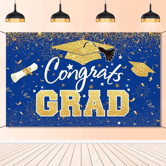 Graduation Party Decorations - Blue Gold Congrats Grad Class of 2024 Backdrop Banner Large Sign Wall Decorations Photography Background Party Supplies for 2024 Graduation Party Decorations