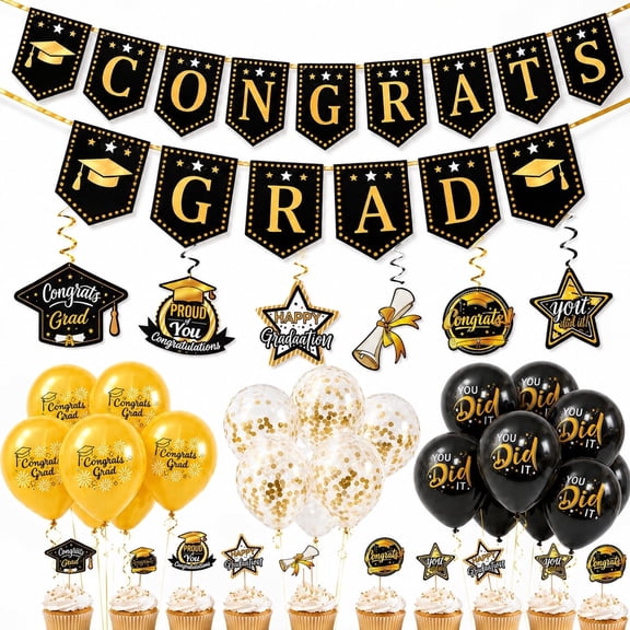 Kabuer Graduation Party Class of 2026 Decorations, Paper Banner, Graduation Hanging Swirl, Balloons and Cupcake Toppers for 2026 Graduation Party Supplies Black