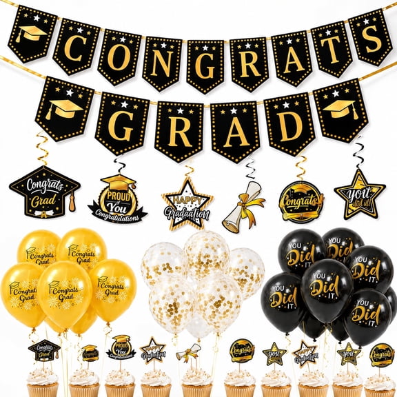Kabuer Graduation Party Class of 2026 Decorations, Congrats Grad Banner, Graduation Hanging Swirl, Balloons and Cupcake Toppers for 2026 Graduation Party Supplies Black