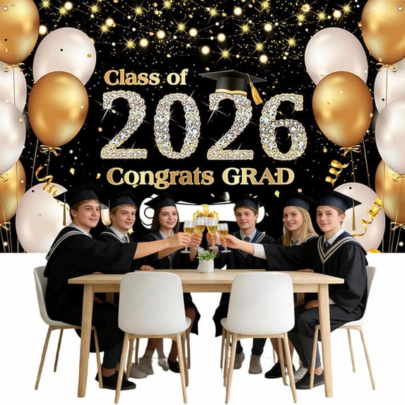Graduation Party Decorations - Congrats Grad Class of 2026 Backdrop Banner, Sign Wall Decorations, Photography Background Party Supplies for 2026 Graduation Party Decorations, Black and Champagne