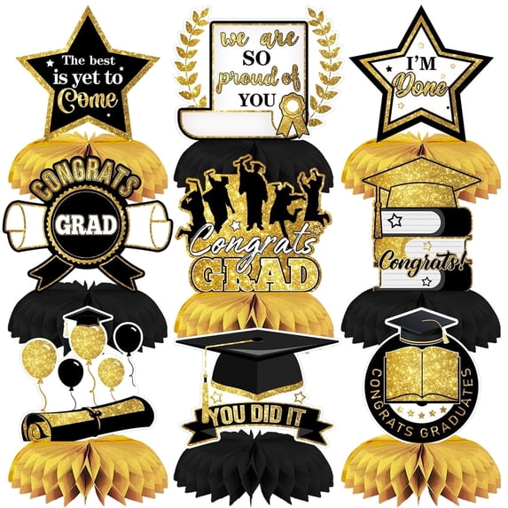 Graduation Party Decorations Congrats Grad Table Centerpiece Class of 2026 Honeycomb Table Toppers for Graduation Party Supplies Design1 9PCS Black