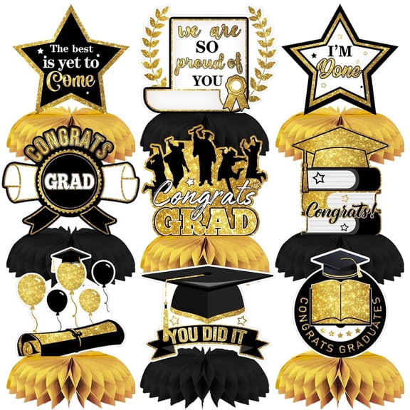 Graduation Party Decorations Congrats Grad Table Centerpiece Class of 2026 Honeycomb Table Toppers for Graduation Party Supplies Design1 9PCS Black