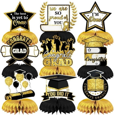 Graduation Party Decorations Congrats Grad Table Centerpiece Class of 2025 Honeycomb Table Toppers for Graduation Party Supplies Design1 9PCS Black