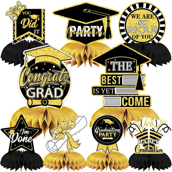 Graduation Party Decorations Congrats Grad Table Centerpiece Class of 2025 Honeycomb Table Toppers for Graduation Party Supplies Design2 9PCS Black