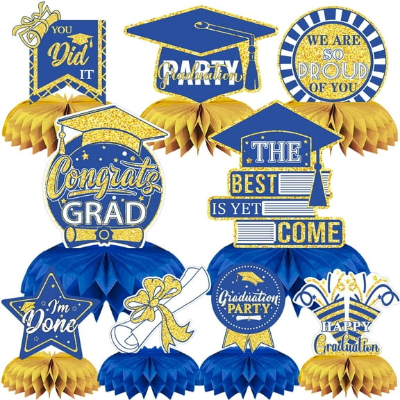 Graduation Party Decorations Congrats Grad Table Centerpiece Class of 2025 Honeycomb Table Toppers for Graduation Party Supplies Design2 9PCS Blue