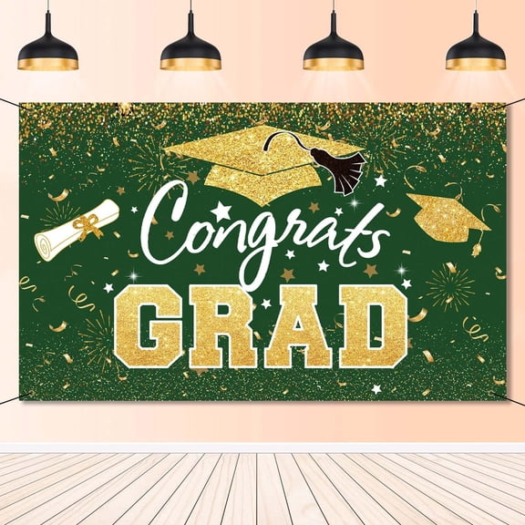 Graduation Party Decorations - Green Gold Congrats Grad Class of 2024 Backdrop Banner Large Sign Wall Decorations Photography Background Party Supplies for 2024 Graduation Party Decorations