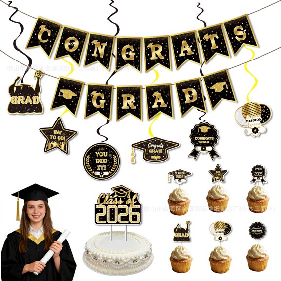 Graduation Party Decorations Kit Class of 2026 - 27 Pieces Includes Banner Flags, Cake Toppers, Hanging Swirls, and Photo Props for Diploma, Congrats Grad, Senior 2026 Celebration Ceremony Backdrop
