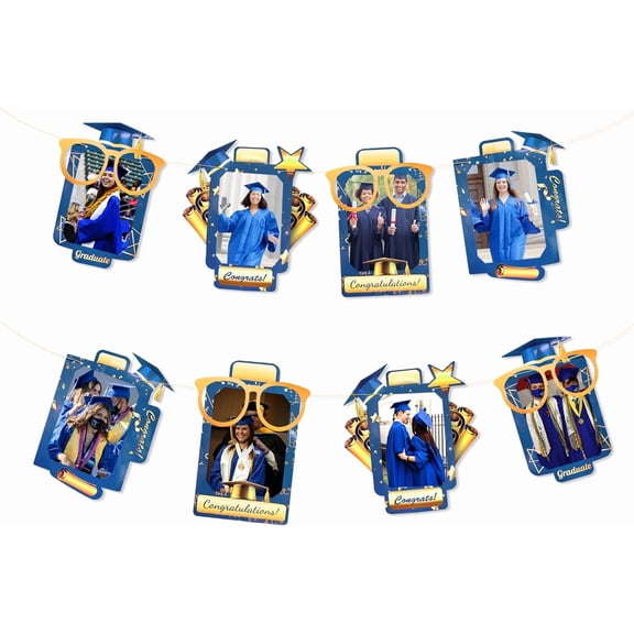 Graduation Party Decorations Navy Blue Gold Grad Photo Banner Royal Blue Gold Congrats Grad Photograph Bunting Garland 2025 Graduation Celebration Supplies
