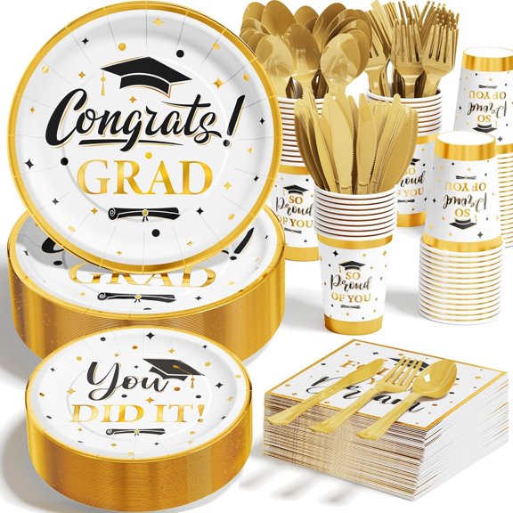 Graduation Party Disposable Dinnerware Set 350 Pieces Serve 50 White and Gold