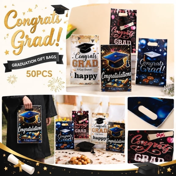 Graduation Party Favors, 50 Pcs Party Favor Bags, Graduation Bags, Gift Bags with Handles, 10X6.5 Inch Assorted Cap Diploma Congrats Grad Print Plastic Goodie Bags, Disposable
