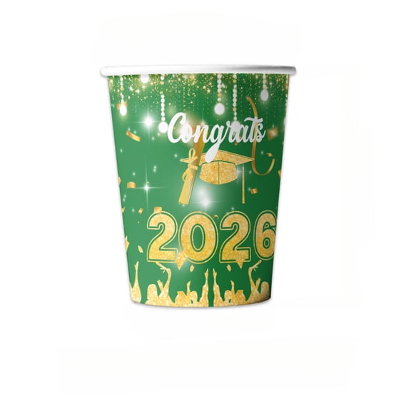 Graduation Party Green Gold Decor Disposable Paper Cups 10Pc Pack For Congratulatory Celebrations