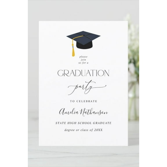 Graduation Party Invitation Card - Elegant Design with Cap & Diploma - Customizable for High School and College Celebrations