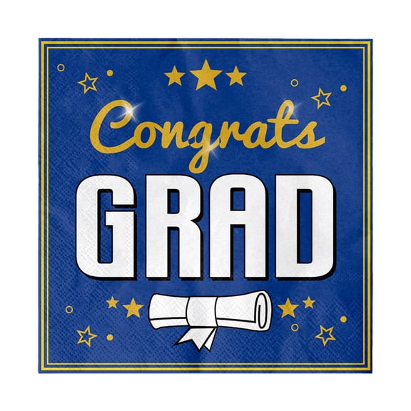 Graduation Party Paper Napkins - 25pcs Blue Congrats Grad Design with Diploma, Stars Pattern - for Graduation Celebrations, Grad Party Decorations, Class of 2024 Events