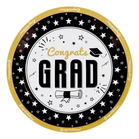 Graduation Party Plates, 9Inch Black Gold Disposable Paper Plates with Grad Cap Diploma Star Prints, 25PCS for Graduation Celebrations High School College Grad Party Supplies