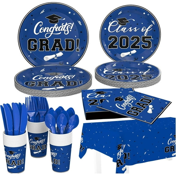 Graduation Party Plates and Napkins, Class of 2025 Graduation Party Supplies, Blue Disposable Paper Plates, Napkins, Cups, Cutlery, Tablecloth, Congrats Grad Party Decorations, Serve 25 Guests