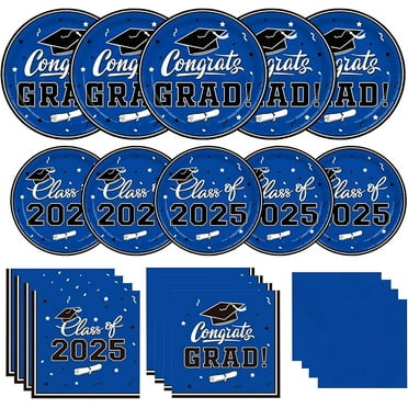 Graduation Party Plates and Napkins Gatherfun Graduation decorations class of 2025 Blue Disposable Paper Plates Luncheon Napkins Cocktail Napkins for Congrats Grad Party Decorations, Serve 50