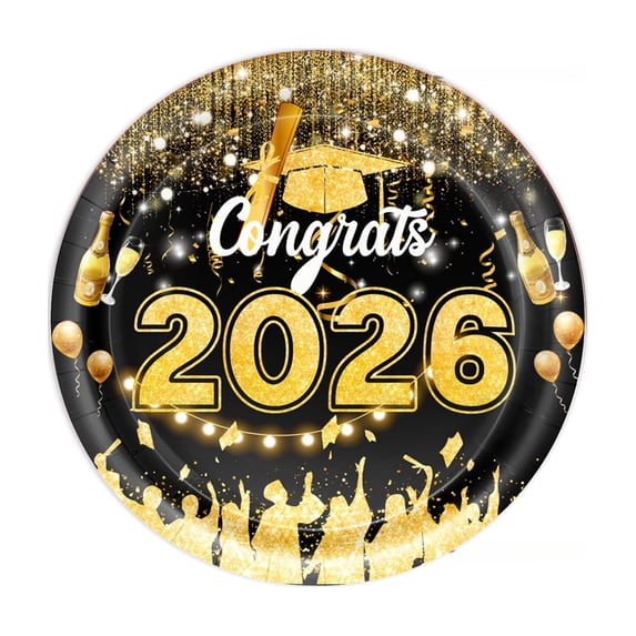 Graduation Party Plates, Set of 10 Small 7-Inch Plates with Black and Gold Designs, Perfect for Cake and Snacks