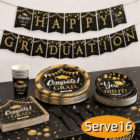 Graduation Plates and Napkins Graduation Dinnerware Tableware Grad Party Supplies with Grad Banner Tableloth Disposable Tableware Set Serve 16