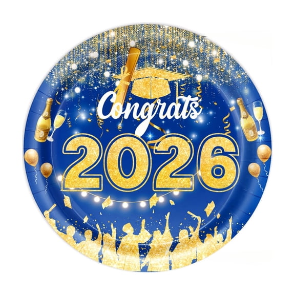 Graduation Party Printed Paper Plates for Congrats Grad Celebration Dinner Table Setting Blue and Gold 7 Inch Pack of 10