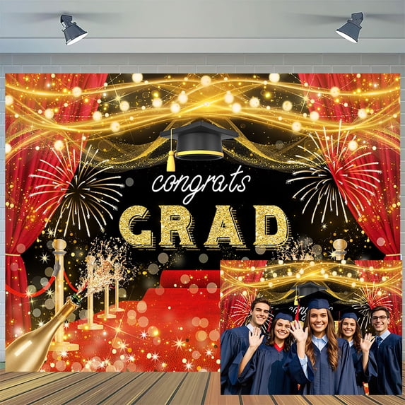 Graduation Party Red Carpet Backdrop, Congrats Grad Photography Backdrop 2025 Class, Gold Black Bachelor Cap Banner Background Party Supplies Decorationss ,10X6ft