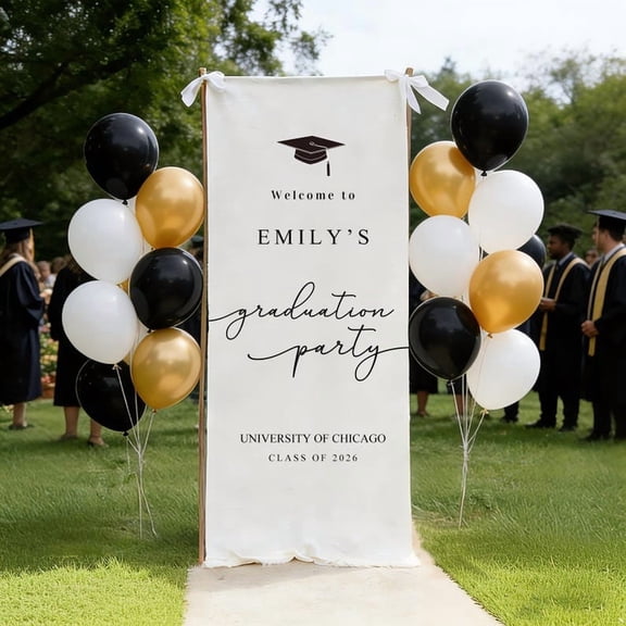Graduation Party Satin Welcome Sign, College Grad Photo Backdrop, Personalized Celebration Banner