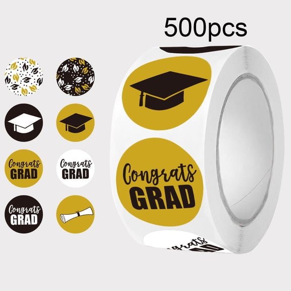 Graduation Party Stickers Roll,500 Pcs Congrats Grad Labels with Grad Cap & Diploma,Black Gold White Round Stickers for Envelopes,Gift Bags,Party Favors Decor