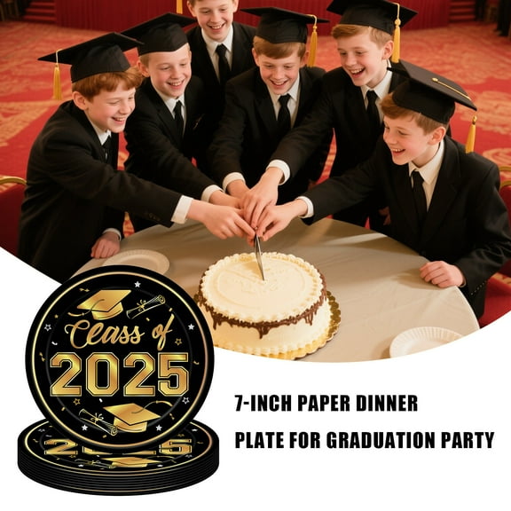 Graduation Party Supplies - Class of 2025 Themed Paper Plates & Napkins Set with Gold Cap Design, Disposable Dinnerware for Grad Celebration Decor Clearance