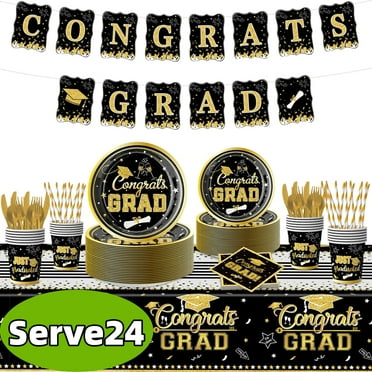 Graduation Party Supplies Decorations Graduation Disposable Tableware Congrats Grad Banner Paper Plate and Napkins Sets Black Serve 24