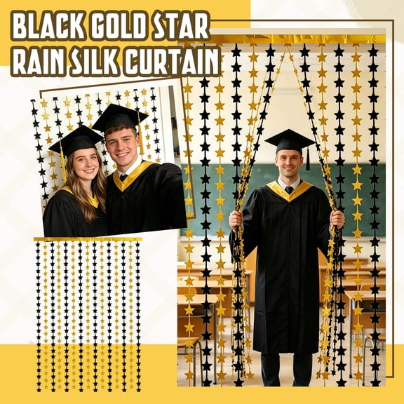 Graduation Party Supplies, Graduation 2026, Graduation Party, Black and Gold Decor, Star Patterned Tinsel Backdrop Curtain 79X40 In, 1Pc Black and Gold Star String Rain Silk
