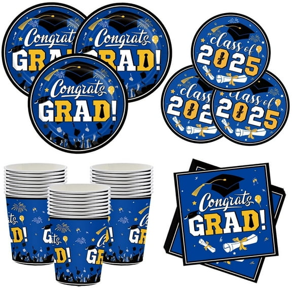 Graduation Party Supplies Graduation Plates and Napkins 2025 Tableware Set Graduation Decorations Class of 2025 Party Plates and Cups and Napkins Set Navy Blue Gold Graduation Decorations Serve 24